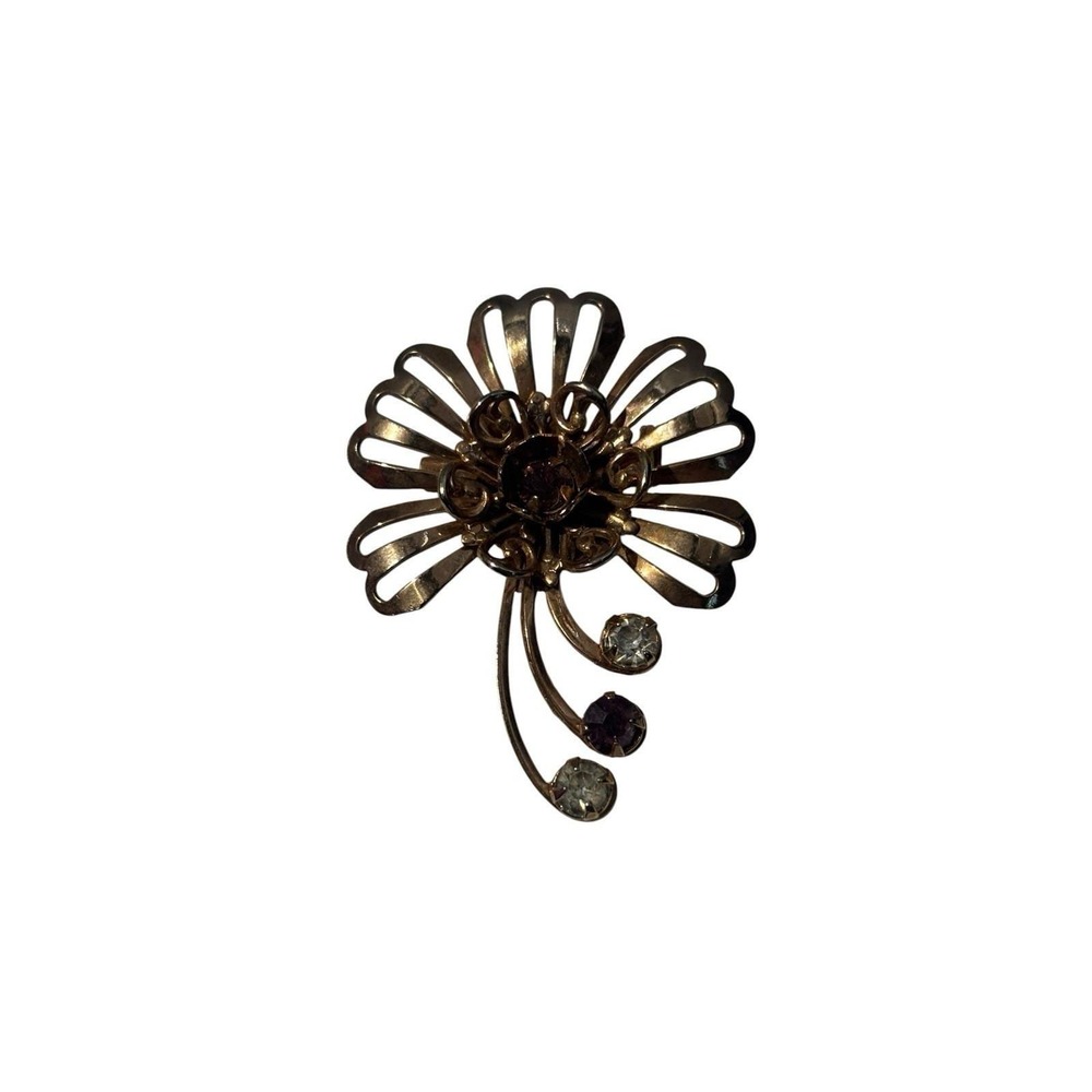 Vintage Gold Tone Lilac Purple Rhinestone Elegant Floral Brooch Pin